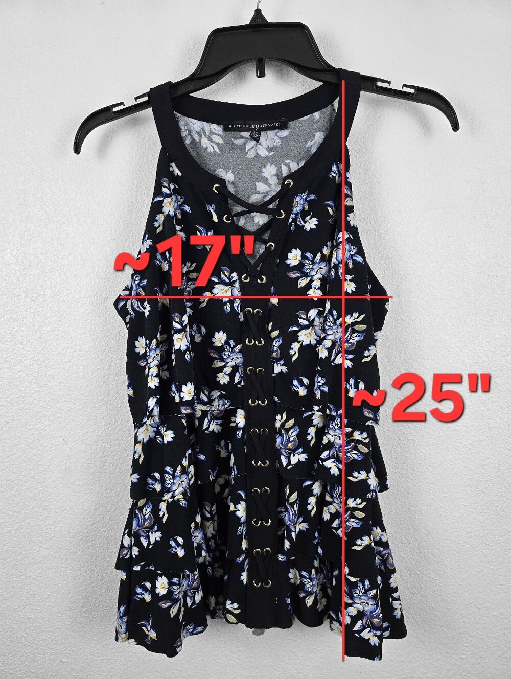 WHBM | Black + Multicolor Floral Tiered Ruffle Lace Front Tank Top Size Small - Picture 11 of 12